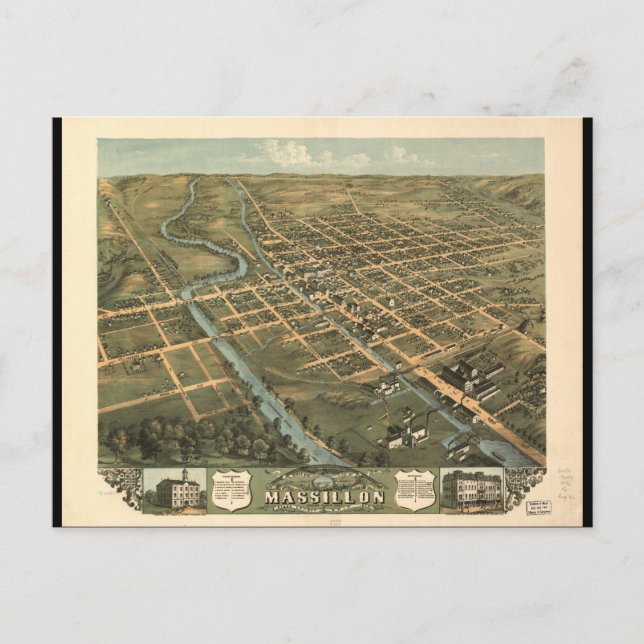 Postal Vista de pájaro Massillon Stark County Ohio (1870) (Anverso)