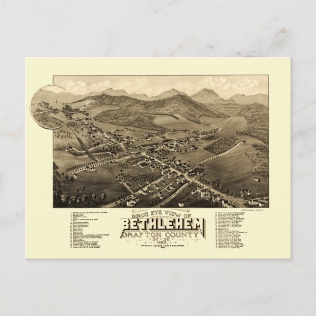 Postal Vista de pájaros de la época 1883 Bethlehem New Ha (Anverso)