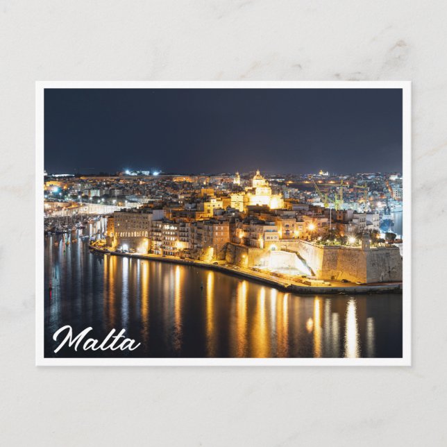 Postal Vista de tres ciudades de Malta por la noche (Anverso)