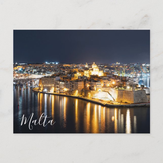 Postal Vista de tres ciudades de Malta por la noche (Anverso)