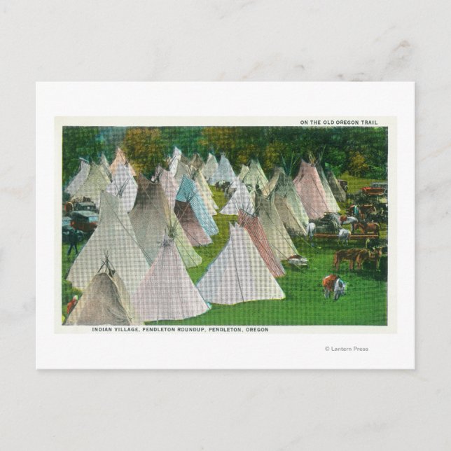 Postal Vista de un pueblo indio y Pendleton (Anverso)