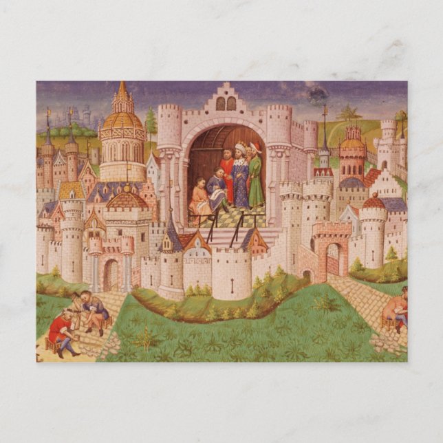 Postal Vista de una ciudad con trabajadores pavimentando  (Anverso)