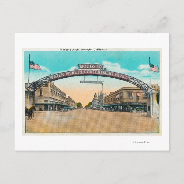Postal Vista del arco de bienvenida modesto, CA (Anverso)
