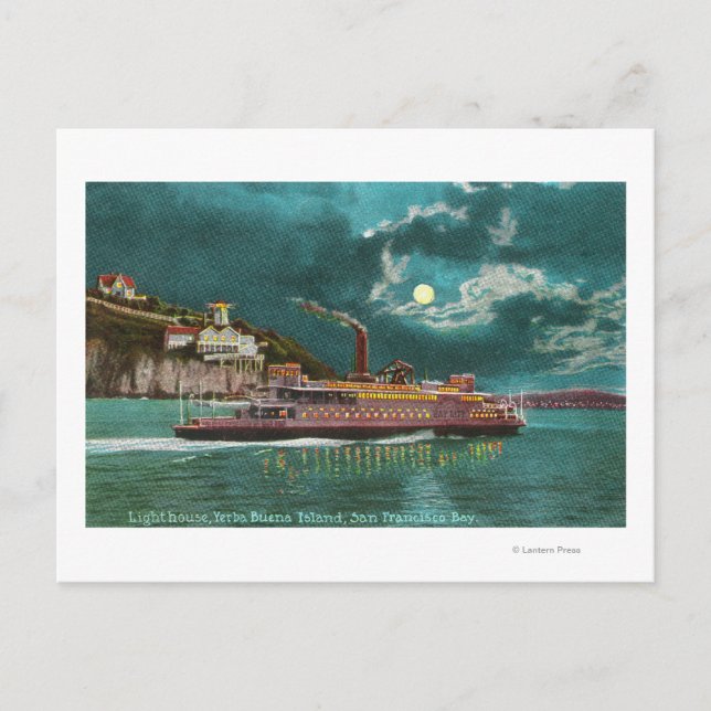 Postal Vista del faro de Yerba Buena Island en la noche (Anverso)