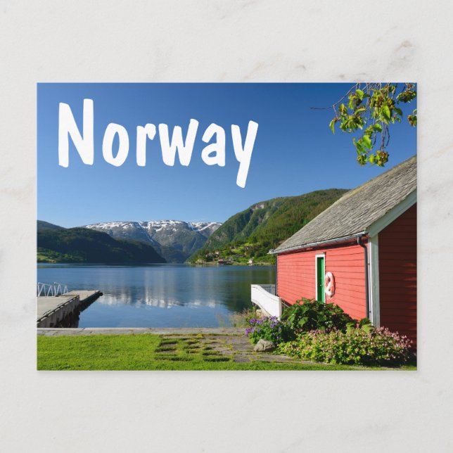 Postal Vista del fiordo noruego con barco rojo (Anverso)