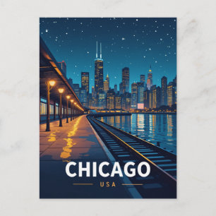 Postal Vista del horizonte de Chicago bajo un cielo estre