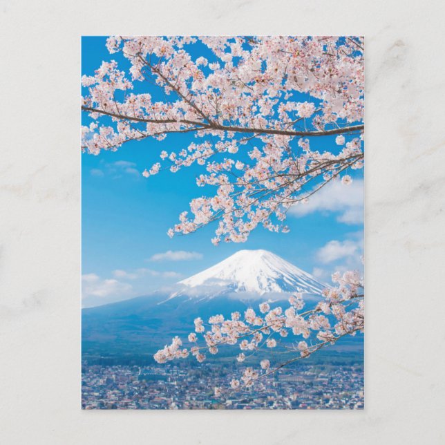 Postal Vista del Monte Fuji con flores de cerezo (Anverso)