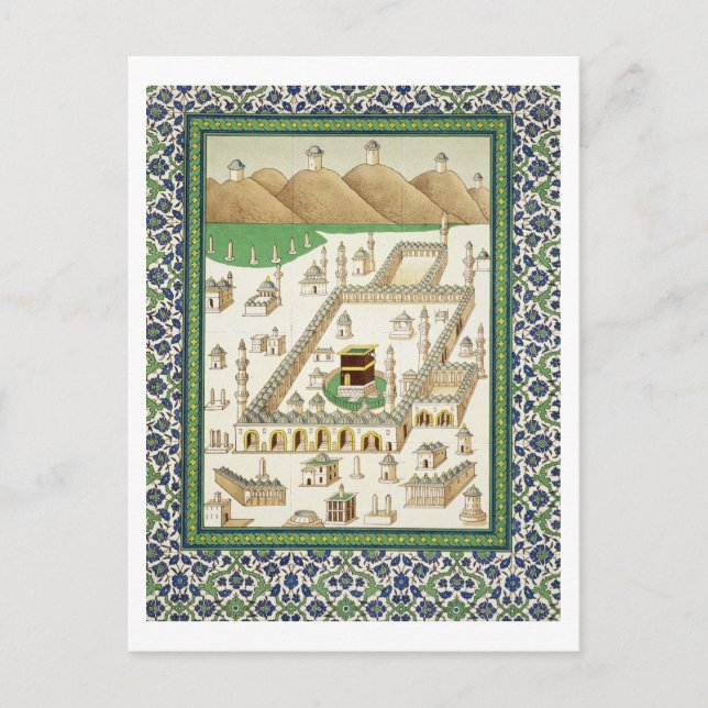 Postal Vista esquemática de La Meca, mostrando los qua'ba (Anverso)