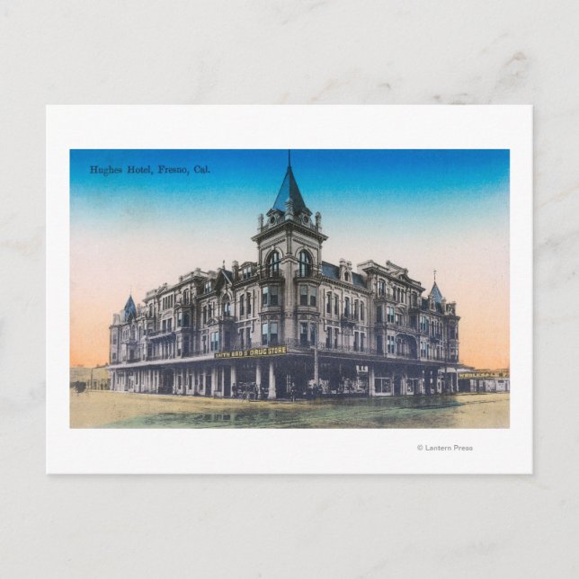 Postal Vista exterior del Hughes HotelFresno, CA (Anverso)