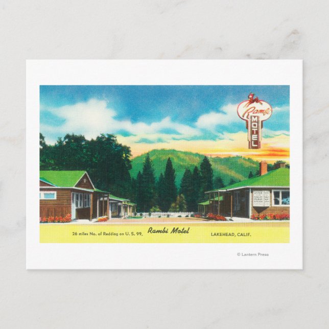 Postal Vista exterior del motel RambiLakehead, CA (Anverso)