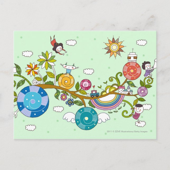 Postal Vista lateral de niños jugando en rama de árbol (Anverso)