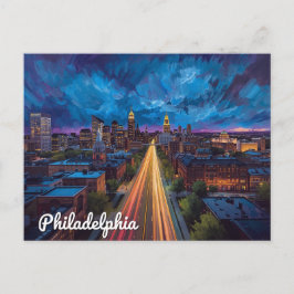 Postal Vista nocturna de la ciudad de Filadelfia, PA
