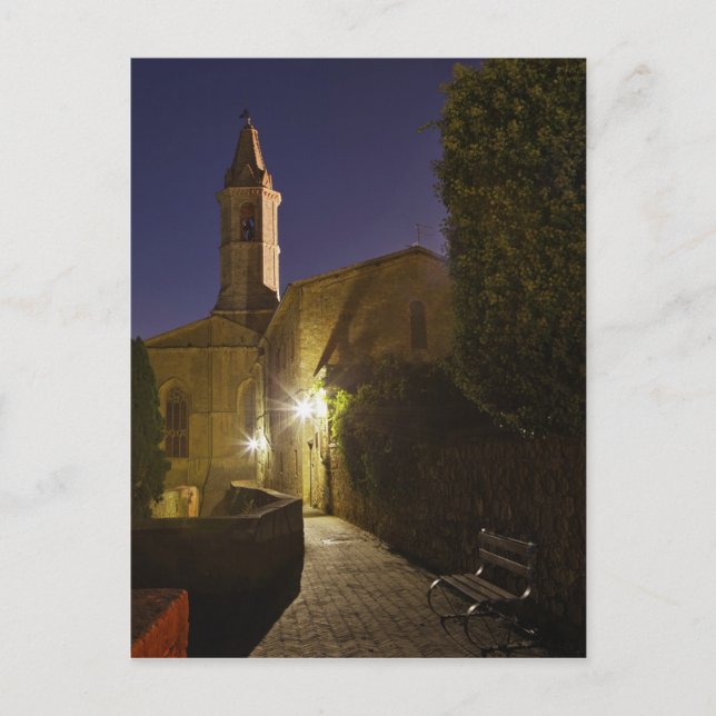 Postal Vista nocturna de la iglesia al atardecer, Pienza, (Anverso)