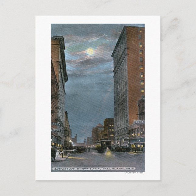 Postal Vista occidental de la avenida Riverside de noche (Anverso)