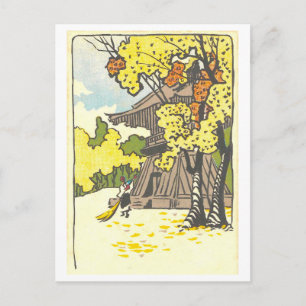 Postal Vista Otoñal Vintage del Jardín de un Templo Japon