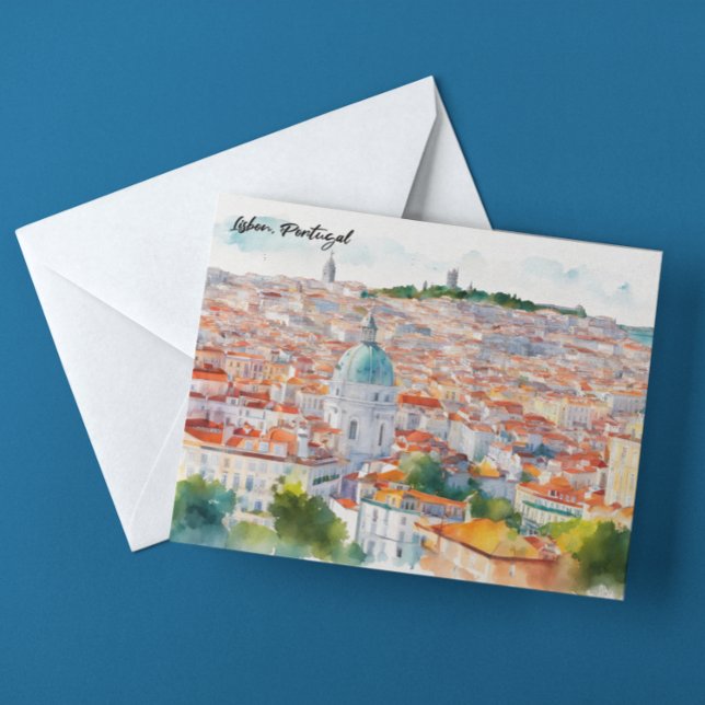 Postal Vista panorámica de la acuarela portuguesa de Lisb (lisbon portugal panorama watercolor postcard)