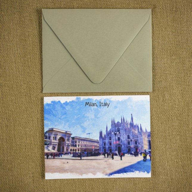 Postal Vista panorámica de la Catedral de Milán (Milan Italy Piazza watercolor postcard)