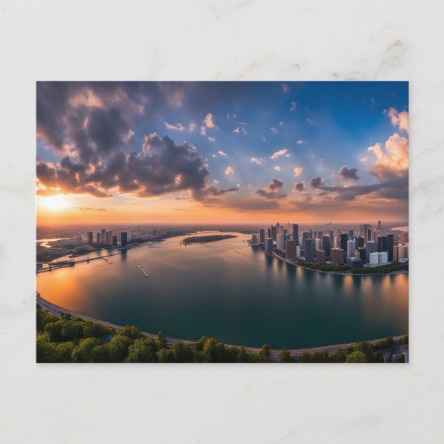 Postal Vista panorámica de la ciudad al atardecer (Anverso)