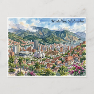 Postal Vista panorámica de Medellín, Colombia Arte en acu