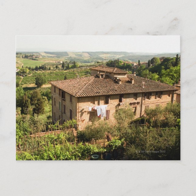 Postal Vista panorámica de un edificio, San Gimignano, (Anverso)