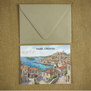 Postal Vista panorámica en acuarela de Hvar Croacia Viaje