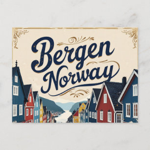Postal Vista retro del puerto de Bergen