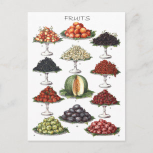 Postal Visualización de varios frutos en platillos