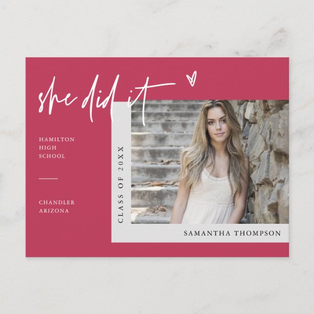 Postal Viva Magenta Foto Mínima Que Hizo Graduación P (Anverso)