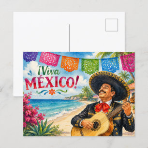 Postal Viva México Mariachi guitarra playa recuerdo