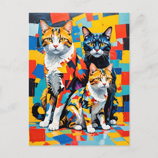 Postal Vivid Modern Cubist Cats Art (Anverso)