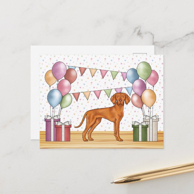 Postal Vizsla húngara dulce perro pastel feliz cumpleaños (Anverso/Reverso In Situ)