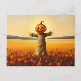 Postal Vogelscheuche mit Kürbiskopf im Herbst Laub