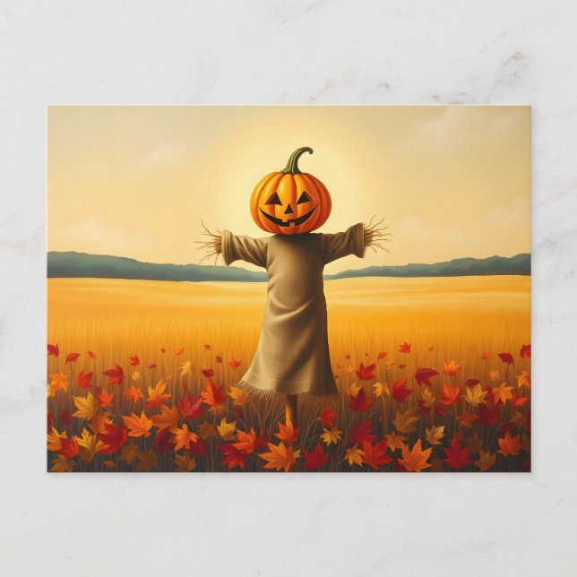 Postal Vogelscheuche mit Kürbiskopf im Herbst Laub (Anverso)