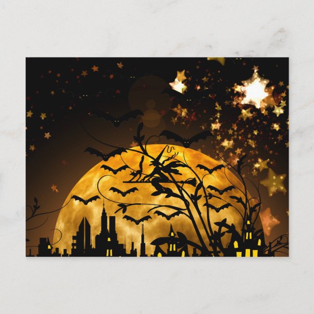 Postal Volando Witch Harvest Moon Bats Regalos de Hallowe (Anverso)