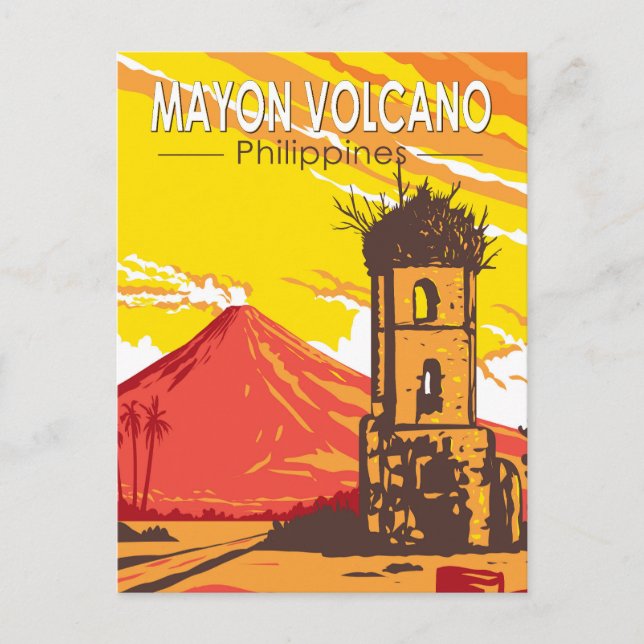 Postal Volcán Mayon Cagsawa Ruinas Filipinas Arte de Viaj (Anverso)