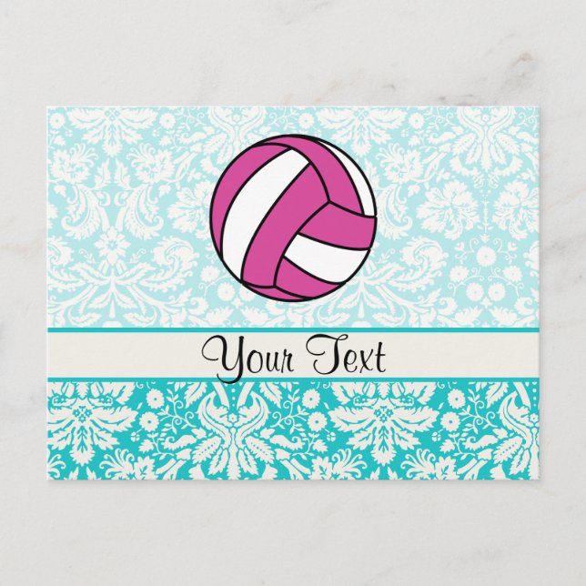Postal Voleibol rosa; patrón Damask (Anverso)