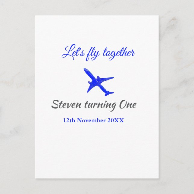 Postal Volemos juntos primer cumpleaños avión azul platea (Anverso)