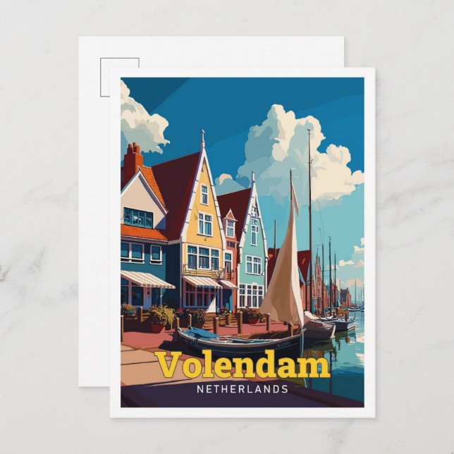 Postal Volendam Países Bajos Ilustracion de Viaje Vintage (Anverso / Reverso)
