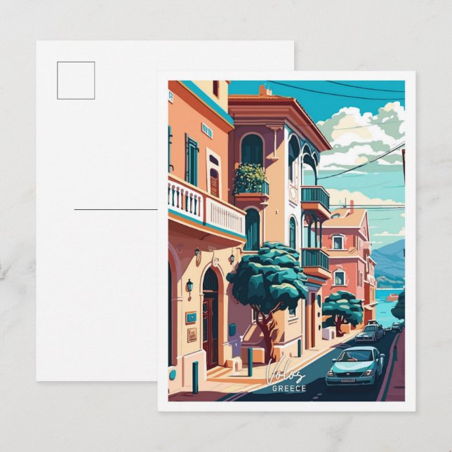 Postal Volos Grecia Viaje Ilustracion Vintage (Anverso / Reverso)