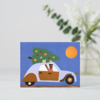 Postal Vrolijk kerstmis eend in auto met kerstboom reizen
