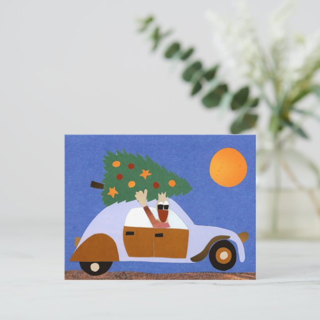 Postal Vrolijk kerstmis eend in auto met kerstboom reizen (Anverso de pie)