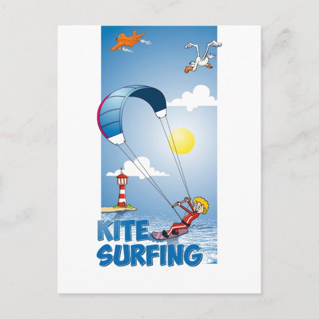 Postal Vrolijke illustratie van een kite surfer (Anverso)