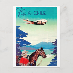 Postal Vuela a Chile, hombre con caballo, aerolínea vinta