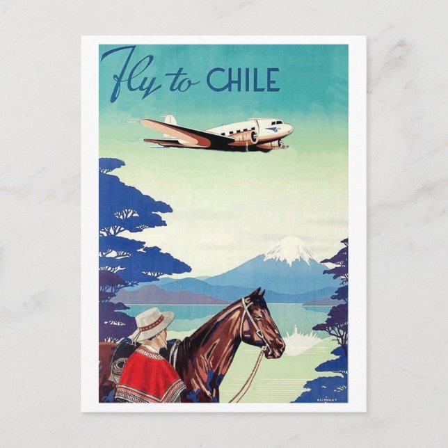 Postal Vuela a Chile, hombre con caballo, aerolínea vinta (Anverso)