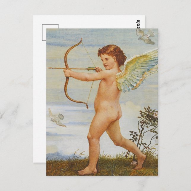 Postal Vuelo de amor, flecha de cupido de Walter Crane (Anverso / Reverso)