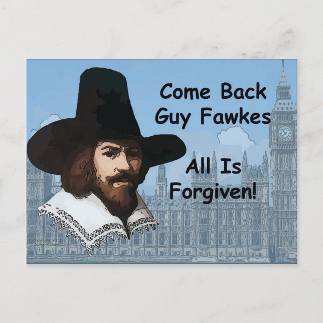 Postal Vuelve Guy Fawkes Todo Está Perdonado (Anverso)