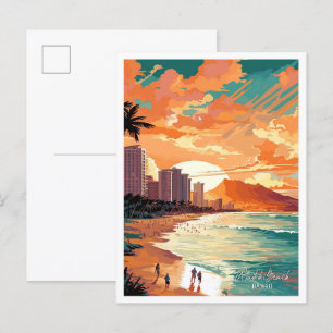 Postal Waikiki Beach Hawaii Ilustracion de Viajes Vintage