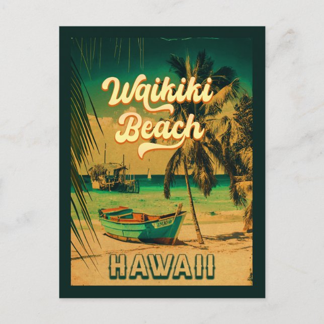 Postal Waikiki Beach Hawaii recuerdo de palmeras antiguas (Anverso)