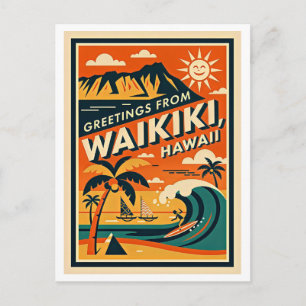Postal Waikiki Hawái Viajes Retro
