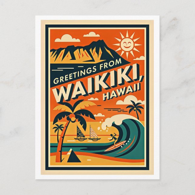 Postal Waikiki Hawái Viajes Retro (Anverso)